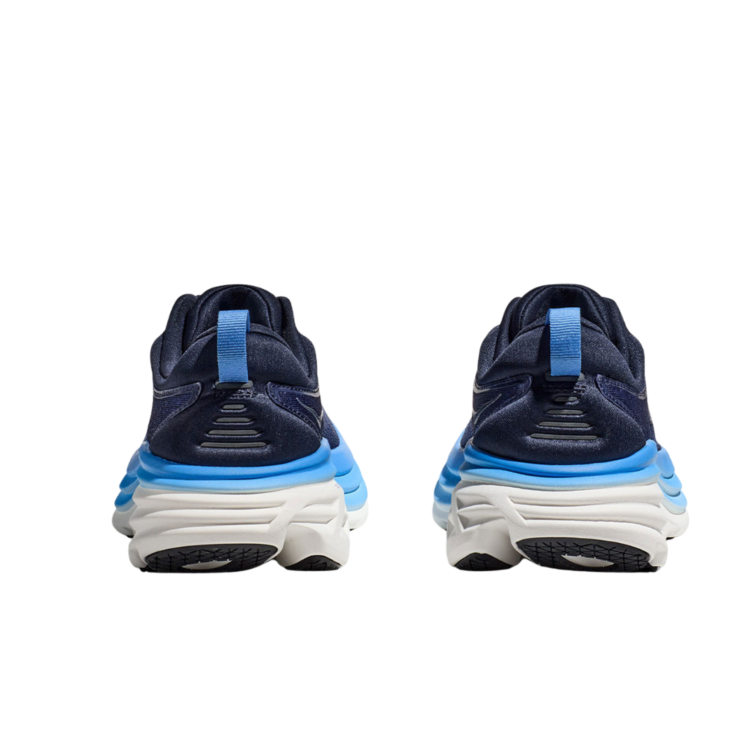 Back view of Men’s Bondi 8 running shoe in outer space and all aboard – featuring molded heel counter for rearfoot stability, pull tab for easy on and off, and subtle branding details.