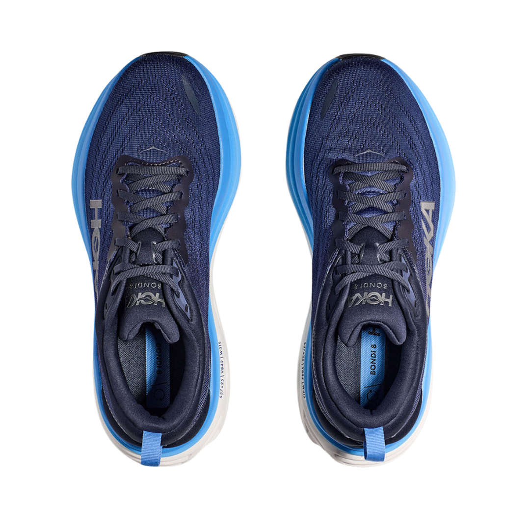 Top view of Men’s Bondi 8 running shoe in outer space and all aboard – featuring padded tongue and collar for comfort, moisture-wicking lining to keep feet dry, and traditional lace-up closure for secure fit.