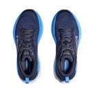 Top view of Men’s Bondi 8 running shoe in outer space and all aboard – featuring padded tongue and collar for comfort, moisture-wicking lining to keep feet dry, and traditional lace-up closure for secure fit.
