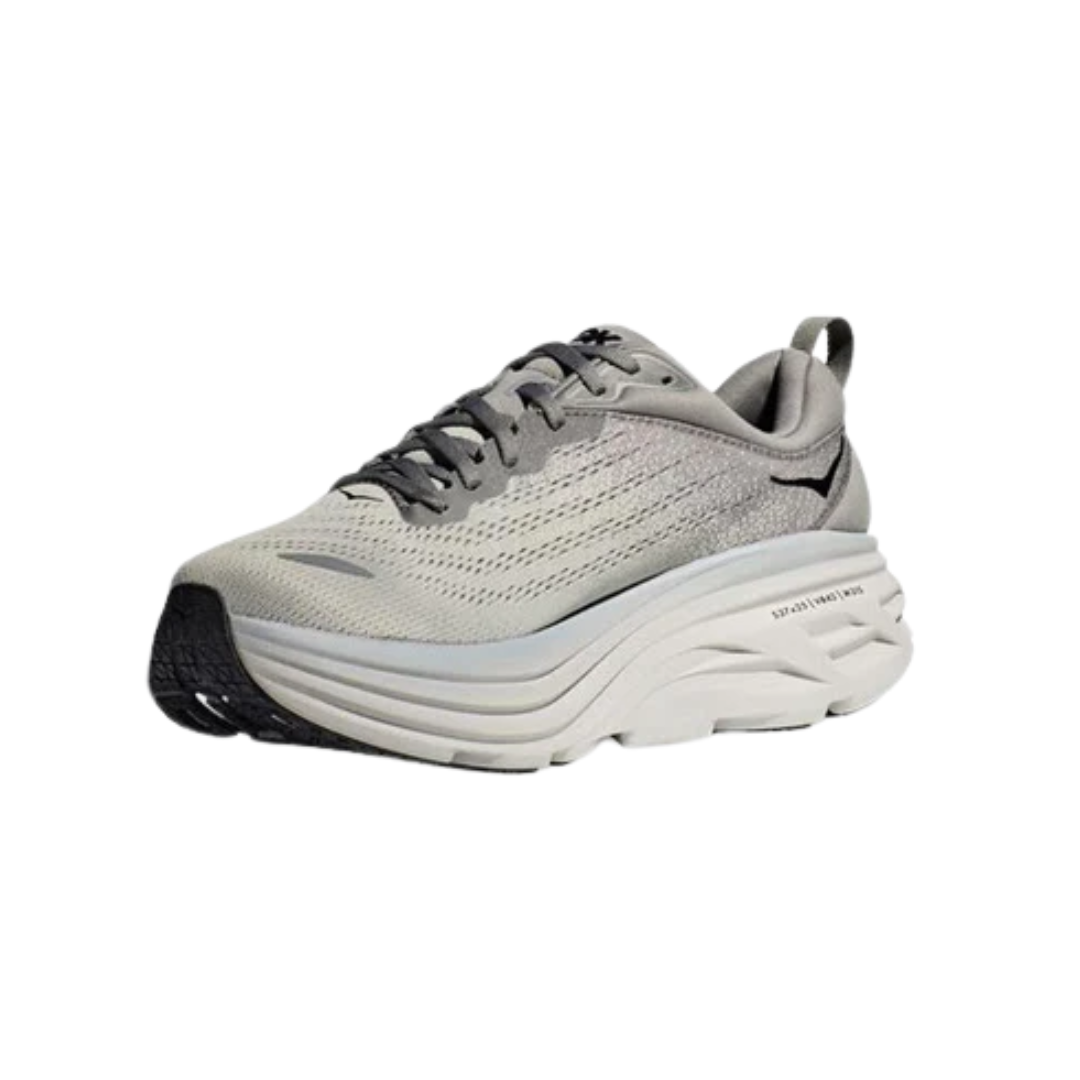 Angled view of Men’s Bondi 8 running shoe in sharkskin and harbor mist – featuring supportive midsole with extra cushioning for long-distance comfort, breathable mesh panels for ventilation, and ergonomic design for reduced foot fatigue.