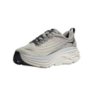 Angled view of Men’s Bondi 8 running shoe in sharkskin and harbor mist – featuring supportive midsole with extra cushioning for long-distance comfort, breathable mesh panels for ventilation, and ergonomic design for reduced foot fatigue.