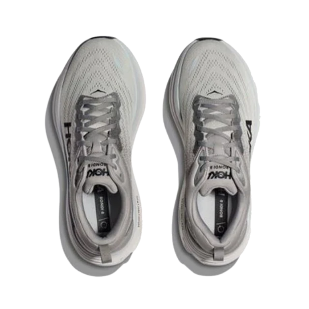 Top view of Men’s Bondi 8 running shoe in sharkskin and harbor mist – featuring padded tongue and collar for comfort, moisture-wicking lining to keep feet dry, and traditional lace-up closure for secure fit.