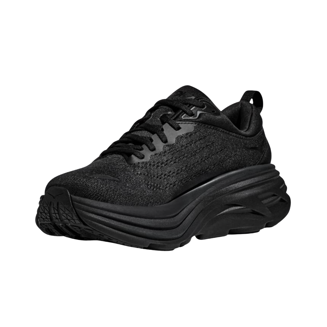 Angled View of Men’s HOKA Bondi 8 Running Shoe in Black/Black – featuring signature thick midsole for cushioning, smooth rocker geometry for efficient stride, and all-black design for versatile wear.