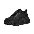 Angled View of Men’s HOKA Bondi 8 Running Shoe in Black/Black – featuring signature thick midsole for cushioning, smooth rocker geometry for efficient stride, and all-black design for versatile wear.