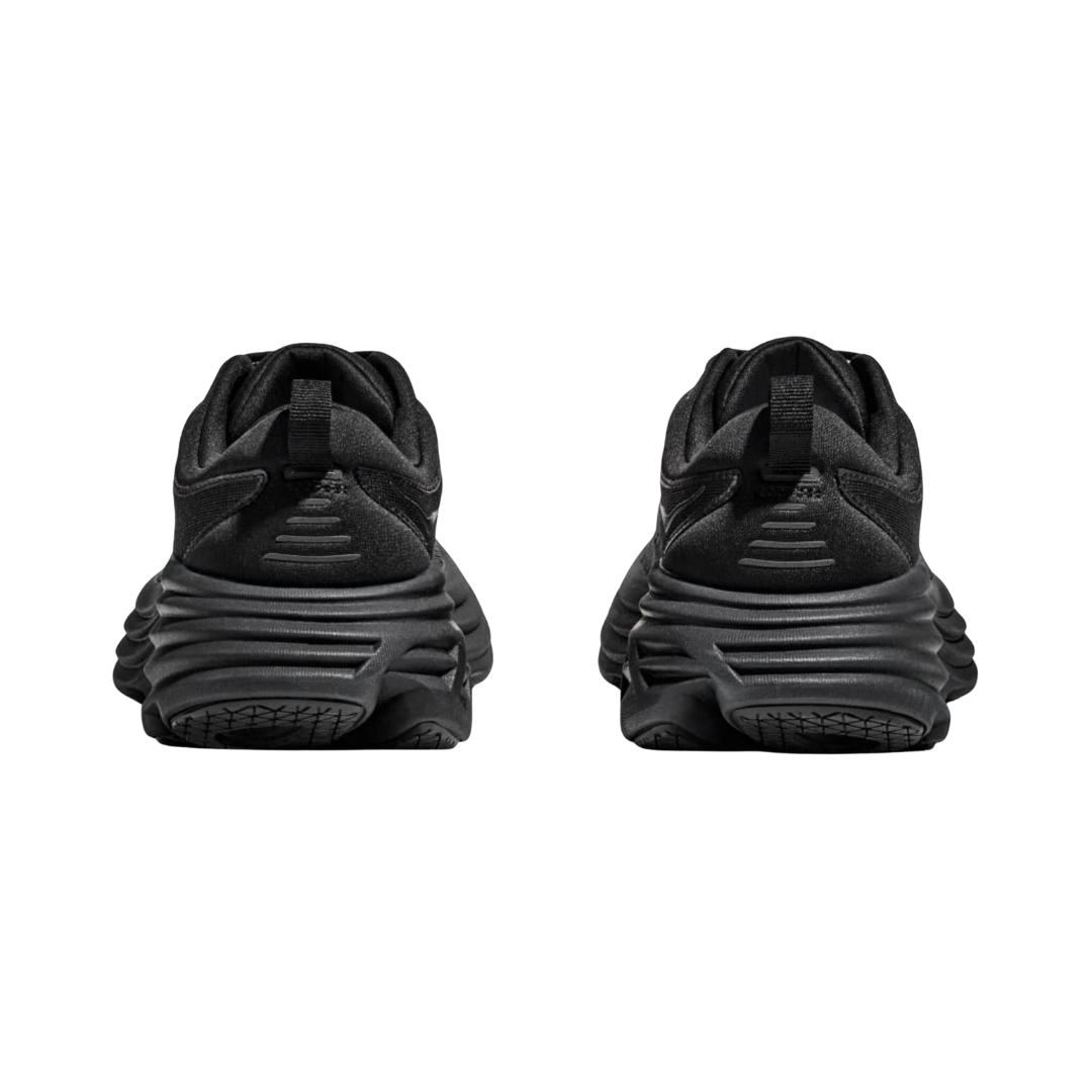 Back View of Men’s HOKA Bondi 8 Running Shoe in Black/Black – featuring extended heel geometry for smoother landings, structured heel counter for rearfoot support, and subtle branding details for a clean look.