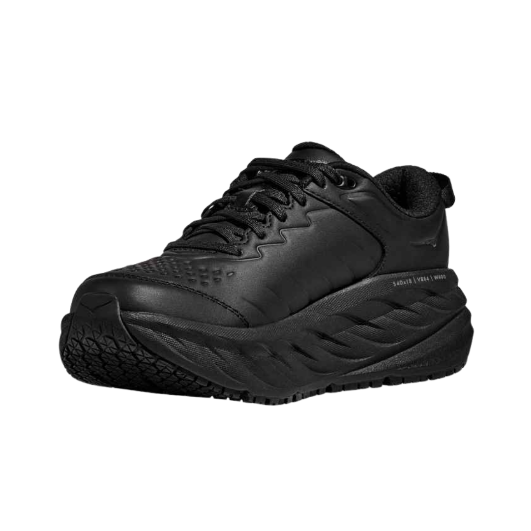 Side View of Men’s HOKA Bondi SR Walking Shoe in Black – featuring water-resistant full-grain leather upper, ultra-thick EVA midsole for plush cushioning, and slip-resistant rubber outsole for workplace safety.
