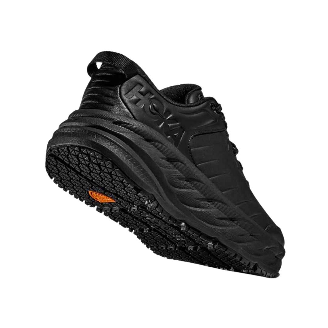 Angled View of Men’s HOKA Bondi SR Walking Shoe in Black – featuring sleek professional design, thick cushioned midsole for all-day support, and workplace-ready construction for comfort and safety.