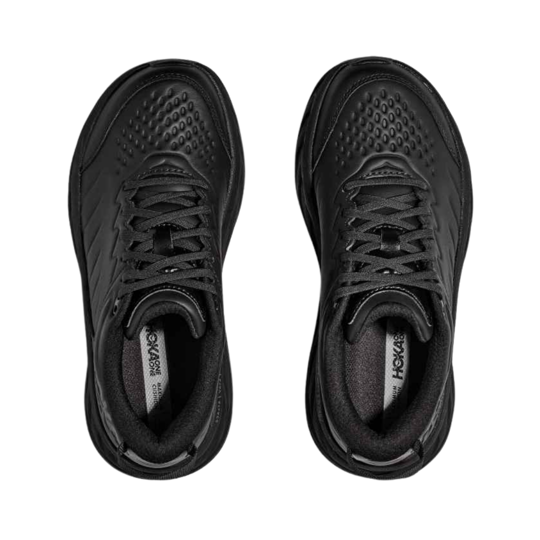 Top View of Men’s HOKA Bondi SR Walking Shoe in Black – featuring smooth leather upper, padded collar and tongue for comfort, and traditional lace-up system for a secure, adjustable fit.