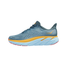 Side view of Men’s Clifton 8 running shoe in goblin blue and mountain spring – featuring engineered mesh upper for breathability, DNA LOFT cushioning for soft, responsive ride, and sleek silhouette designed for lightweight performance.