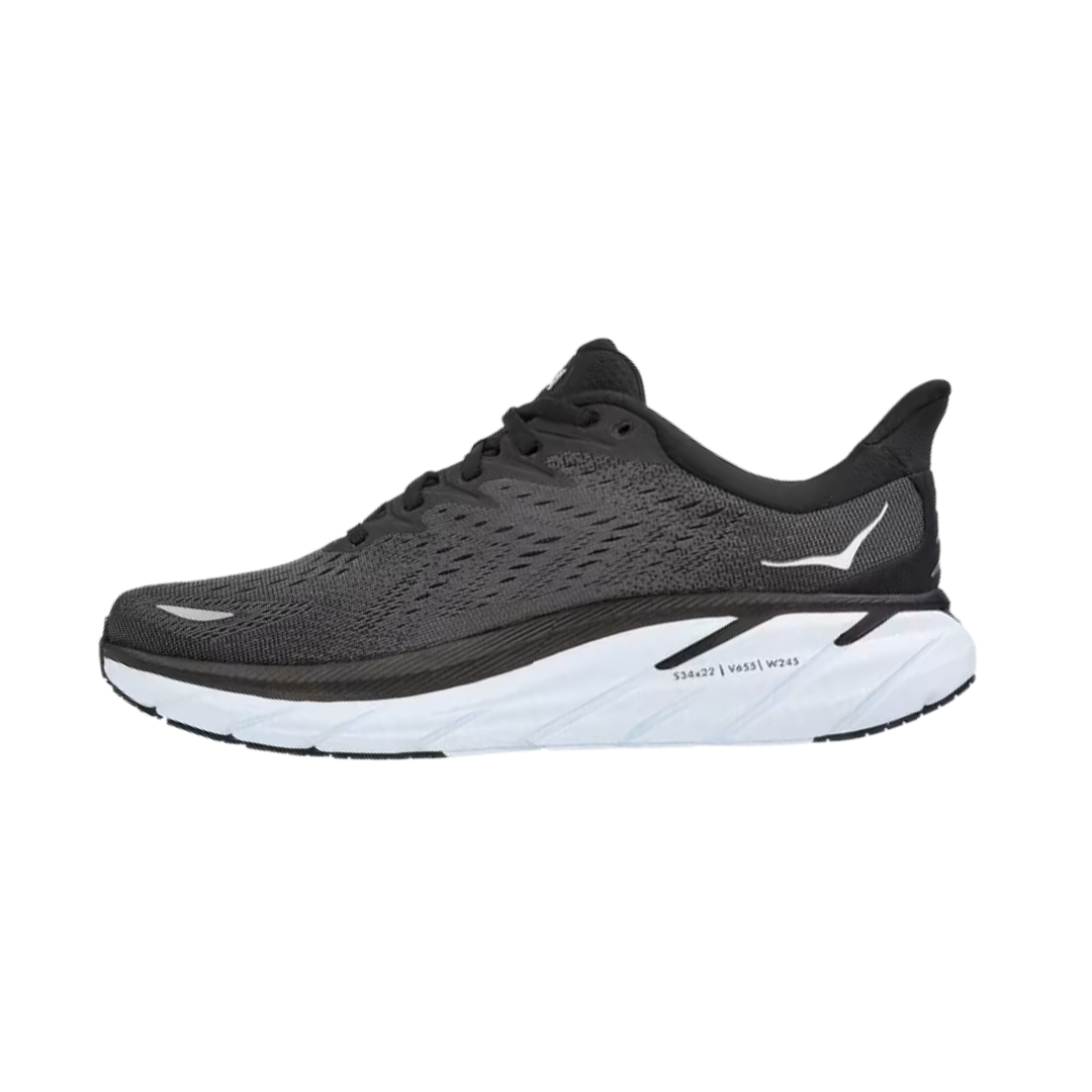 Side View of Women’s HOKA Clifton 8 Running Shoe in Blue Fog/Plein Air – featuring full-length EVA midsole for soft cushioning, breathable engineered mesh upper, and early stage Meta-Rocker for smooth heel-to-toe transitions.