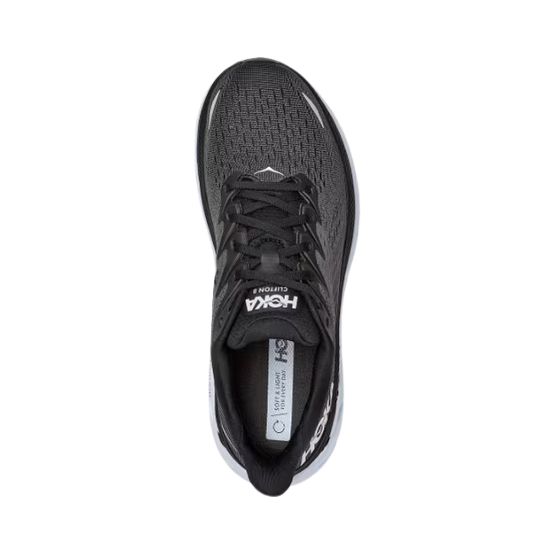 Top View of Women’s HOKA Clifton 8 Running Shoe in Blue Fog/Plein Air – featuring breathable mesh upper for ventilation, padded collar and tongue for comfort, and traditional lace-up system for a secure fit.