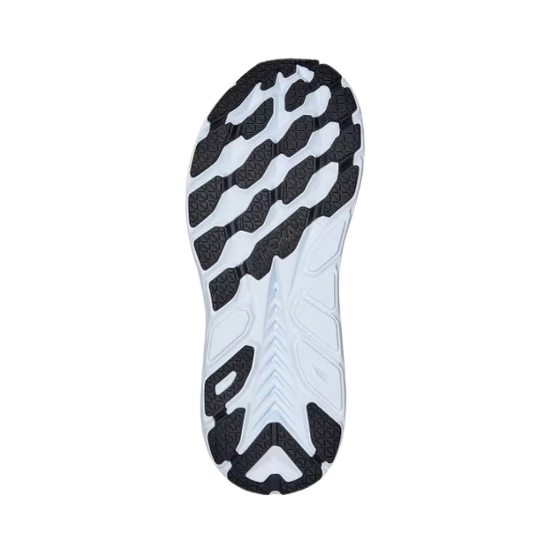 Bottom View of Men’s HOKA Clifton 8 Running Shoe in Black/White – featuring high-abrasion rubber outsole for durability, zonal tread placement for traction, and flex grooves for natural movement.