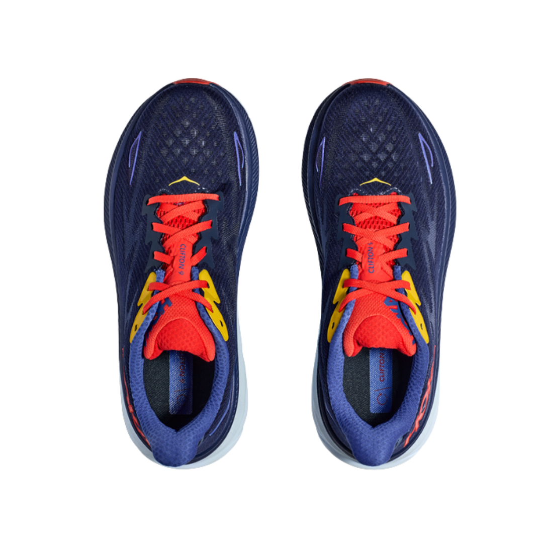 Top view of Men’s Hoka Clifton 9 running shoe in bellwether blue and dazzling blue – featuring padded tongue and collar for comfort, moisture-wicking lining to keep feet dry, and traditional lace-up closure for secure fit.