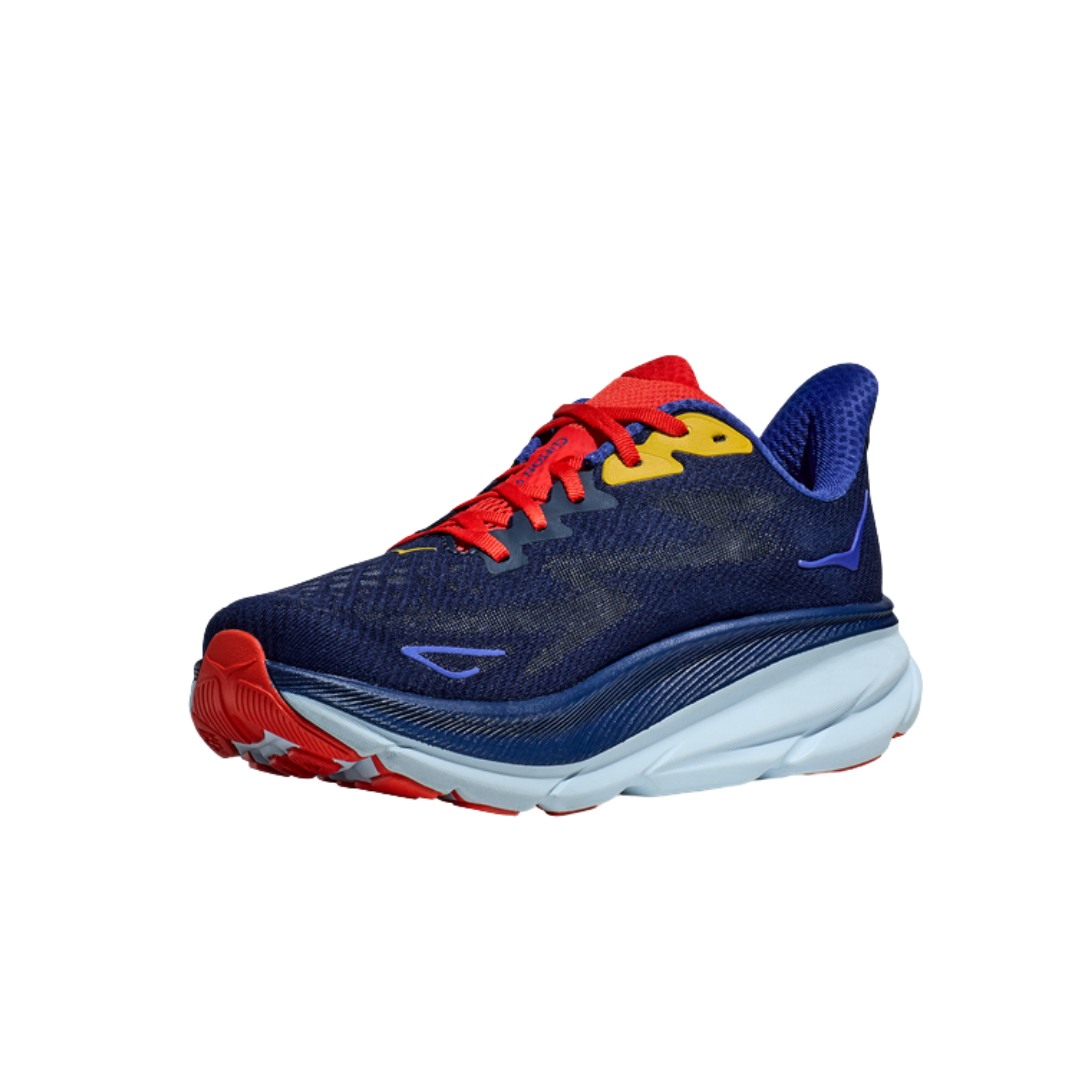 Side view of Men’s Hoka Clifton 9 running shoe in bellwether blue and dazzling blue – featuring engineered mesh upper for breathability, DNA LOFT cushioning for soft, responsive ride, and sleek silhouette designed for lightweight performance.