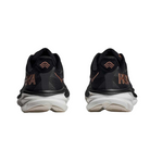 Back view of Women’s Clifton 9 running shoe in black and rose gold – featuring molded heel counter for rearfoot stability, pull tab for easy on and off, and subtle branding details.