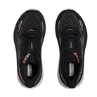 Top view of Women’s Clifton 9 running shoe in black and rose gold – featuring padded tongue and collar for comfort, moisture-wicking lining to keep feet dry, and traditional lace-up closure for secure fit.