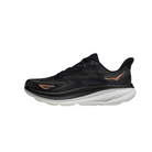 Side view of Women’s Clifton 9 running shoe in black and rose gold – featuring engineered mesh upper for breathability, DNA LOFT cushioning for soft, responsive ride, and sleek silhouette designed for lightweight performance.