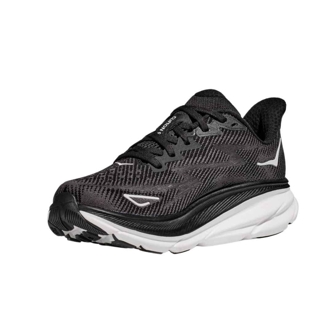 Angled view of Men’s Clifton 9 running shoe in black and white – featuring breathable mesh panels for ventilation, supportive midsole for cushioning, and sleek design optimized for running efficiency.