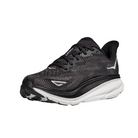 Angled view of Men’s Clifton 9 running shoe in black and white – featuring breathable mesh panels for ventilation, supportive midsole for cushioning, and sleek design optimized for running efficiency.