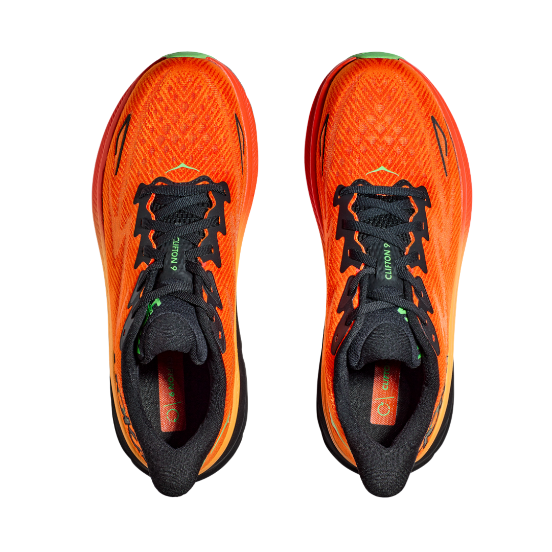 Top view of Men’s Clifton 9 running shoe in flame and vibrant orange – featuring padded tongue and collar for comfort, moisture-wicking lining to keep feet dry, and traditional lace-up closure for secure fit.