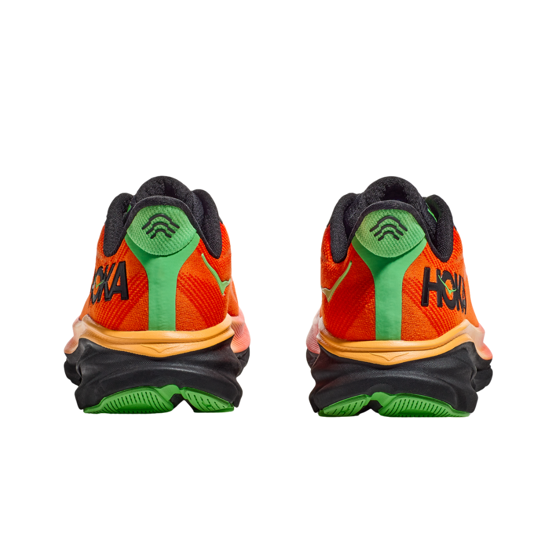Back view of Men’s Clifton 9 running shoe in flame and vibrant orange – featuring molded heel counter for rearfoot stability, pull tab for easy on and off, and subtle branding details.