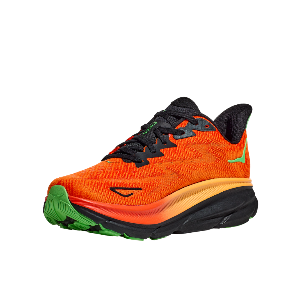Angled view of Men’s Clifton 9 running shoe in flame and vibrant orange – featuring breathable mesh panels for ventilation, supportive midsole for cushioning, and streamlined design optimized for running efficiency.