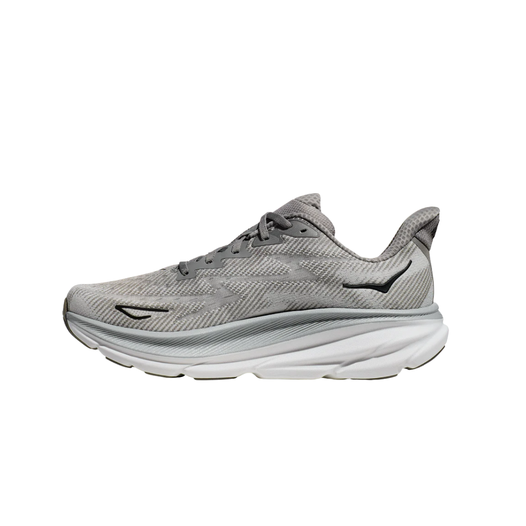 Side view of Men’s Clifton 9 running shoe in harbor mist and black – featuring engineered mesh upper for breathability, DNA LOFT cushioning for soft, responsive ride, and sleek silhouette designed for lightweight performance.