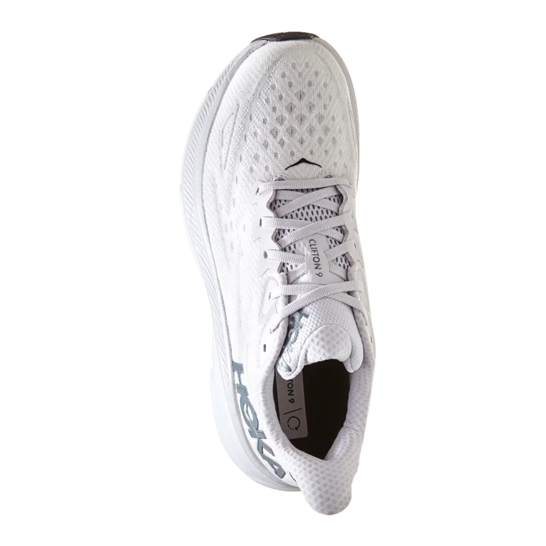 Top view of Men’s Clifton 9 running shoe in nimbus cloud and steel wool – featuring padded tongue and collar for comfort, moisture-wicking lining to keep feet dry, and traditional lace-up closure for secure fit.