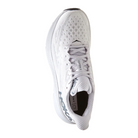 Top view of Men’s Clifton 9 running shoe in nimbus cloud and steel wool – featuring padded tongue and collar for comfort, moisture-wicking lining to keep feet dry, and traditional lace-up closure for secure fit.