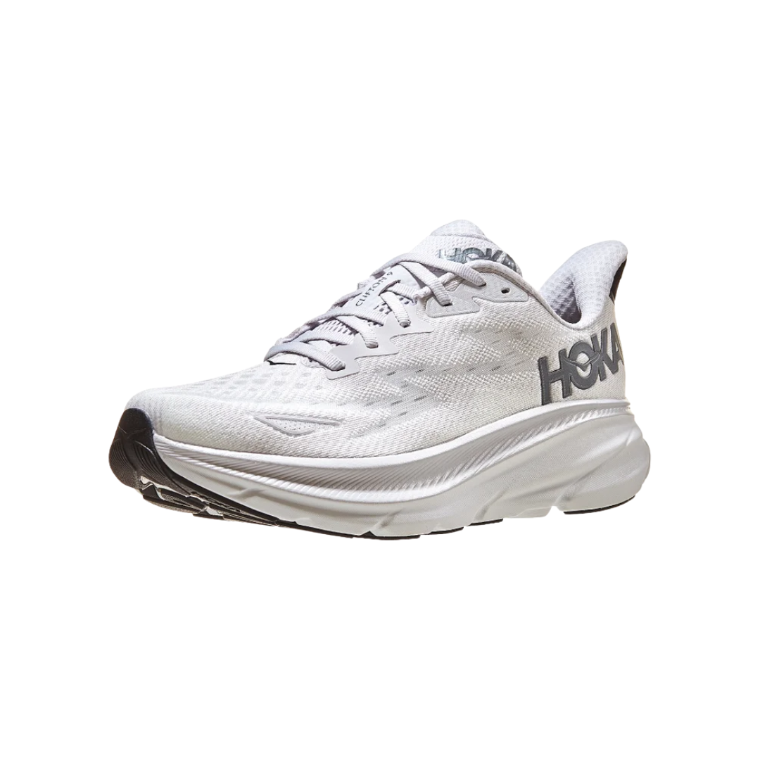 Angled view of Men’s Clifton 9 running shoe in nimbus cloud and steel wool – featuring breathable mesh panels for ventilation, supportive midsole for cushioning, and sleek design optimized for running efficiency.