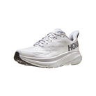 Angled view of Men’s Clifton 9 running shoe in nimbus cloud and steel wool – featuring breathable mesh panels for ventilation, supportive midsole for cushioning, and sleek design optimized for running efficiency.