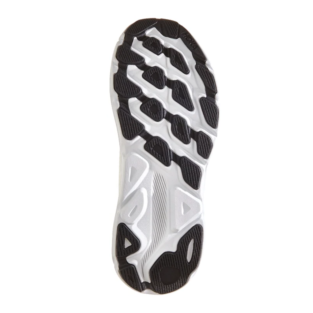 Bottom view of Men’s Clifton 9 running shoe in nimbus cloud and steel wool – featuring durable rubber outsole with flex grooves for natural foot movement, segmented crash pad for smooth heel-to-toe transitions, and multi-surface traction for reliable grip.