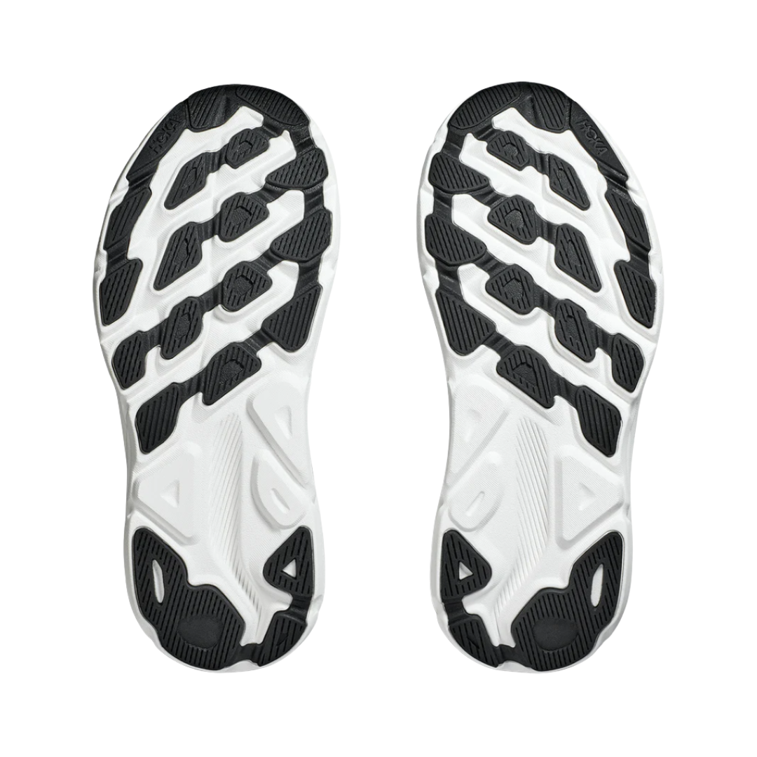 Bottom View of Women’s HOKA Clifton 9 Running Shoe in Black/Copper – featuring Durabrasion rubber outsole for reliable traction, strategic tread placement for durability, and flex grooves for a natural ride.