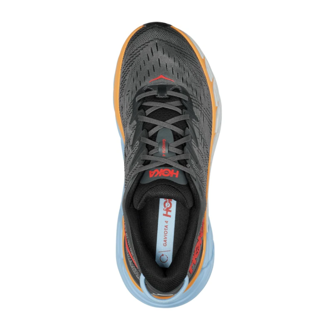 Top view of Men’s Hoka Gaviota 4 running shoe in castlerock and anthracite – featuring padded tongue and collar for comfort, moisture-wicking lining to keep feet dry, and secure lace-up closure for locked-in fit.