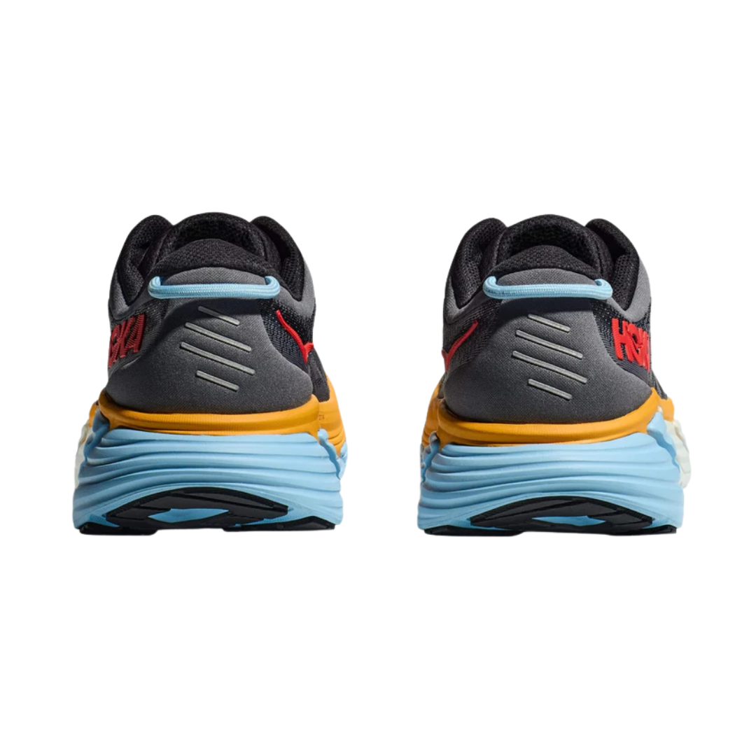 Back view of Men’s Hoka Gaviota 4 running shoe in castlerock and anthracite – featuring molded heel counter for rearfoot stability, pull tab for easy on and off, and subtle branding details.