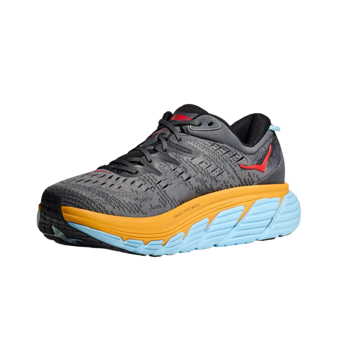 Side view of Men’s Hoka Gaviota 4 running shoe in castlerock and anthracite – featuring engineered mesh upper for breathability, GuideRails support system for enhanced stability, and cushioned midsole with adaptive shock absorption.