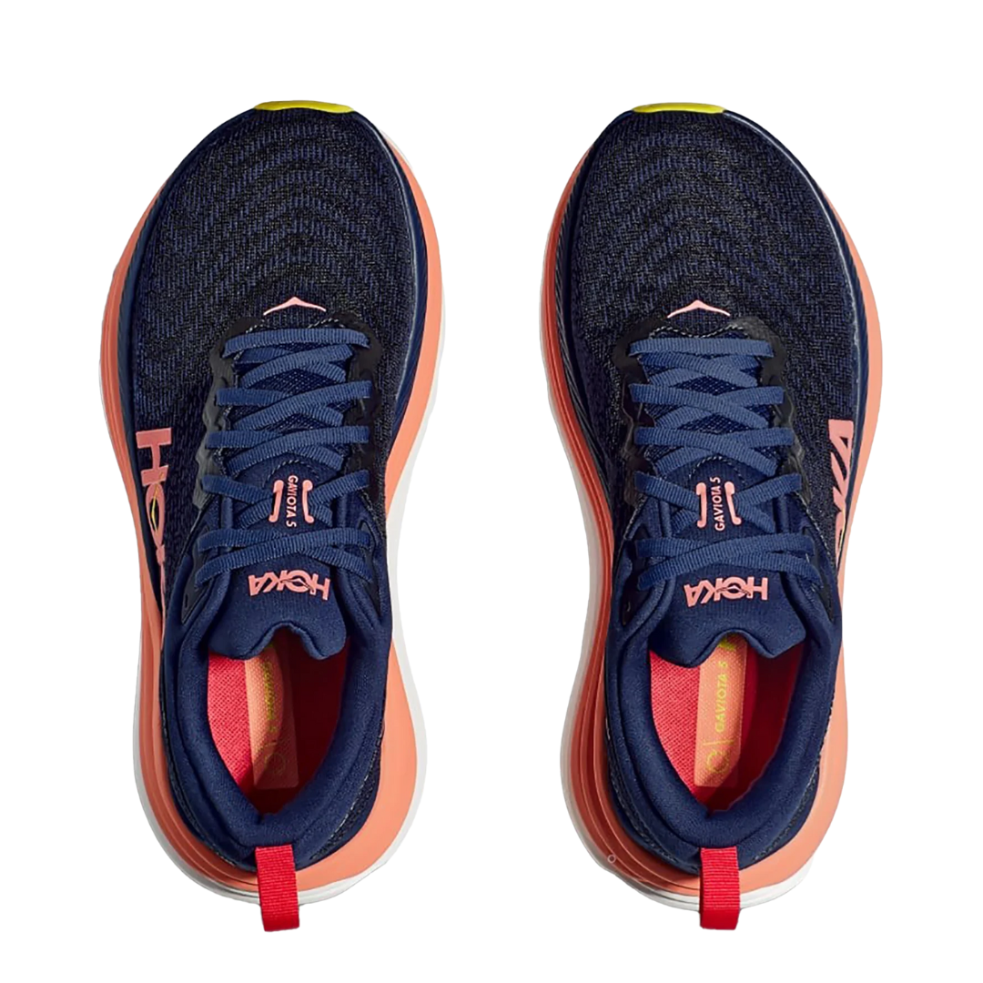 Top view of Gaviota 5 running shoe in evening sky and coral – featuring padded tongue and collar for comfort, moisture-wicking lining to keep feet dry, and secure lace-up closure for locked-in fit.
