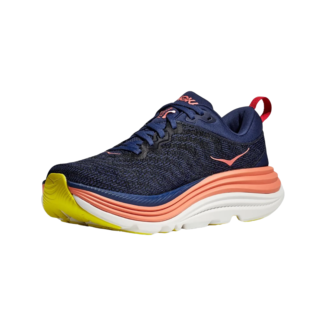 Angled view of Gaviota 5 running shoe in evening sky and coral – featuring supportive midsole with medial post to control overpronation, sleek silhouette for running efficiency, and breathable mesh panels for ventilation.