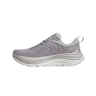 Side view of Women’s Hoka Gaviota 5 running shoe in harbor mist and rose gold – featuring engineered mesh upper for breathability, GuideRails support system for enhanced stability, and BioMoGo DNA midsole for adaptive cushioning and shock absorption.
