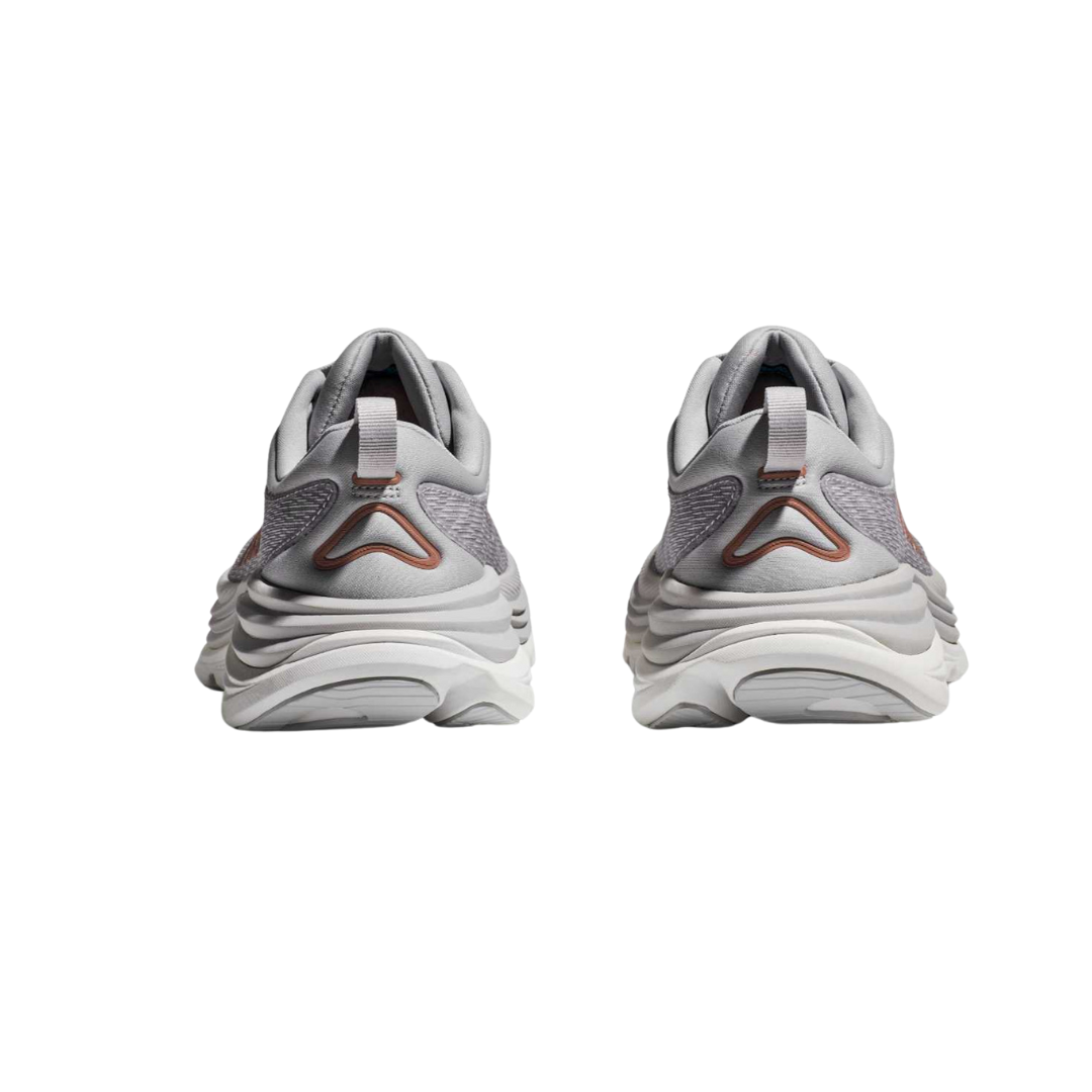 Back view of Women’s Hoka Gaviota 5 running shoe in harbor mist and rose gold – featuring molded heel counter for rearfoot stability, pull tab for easy on and off, and subtle branding details.