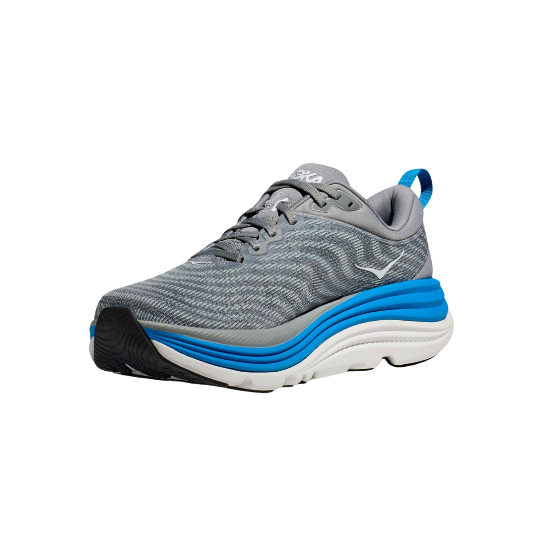 Angled view of Men’s Gaviota 5 running shoe in limestone and diva blue – featuring supportive midsole with medial post to control overpronation, sleek silhouette for running efficiency, and breathable mesh panels for ventilation.