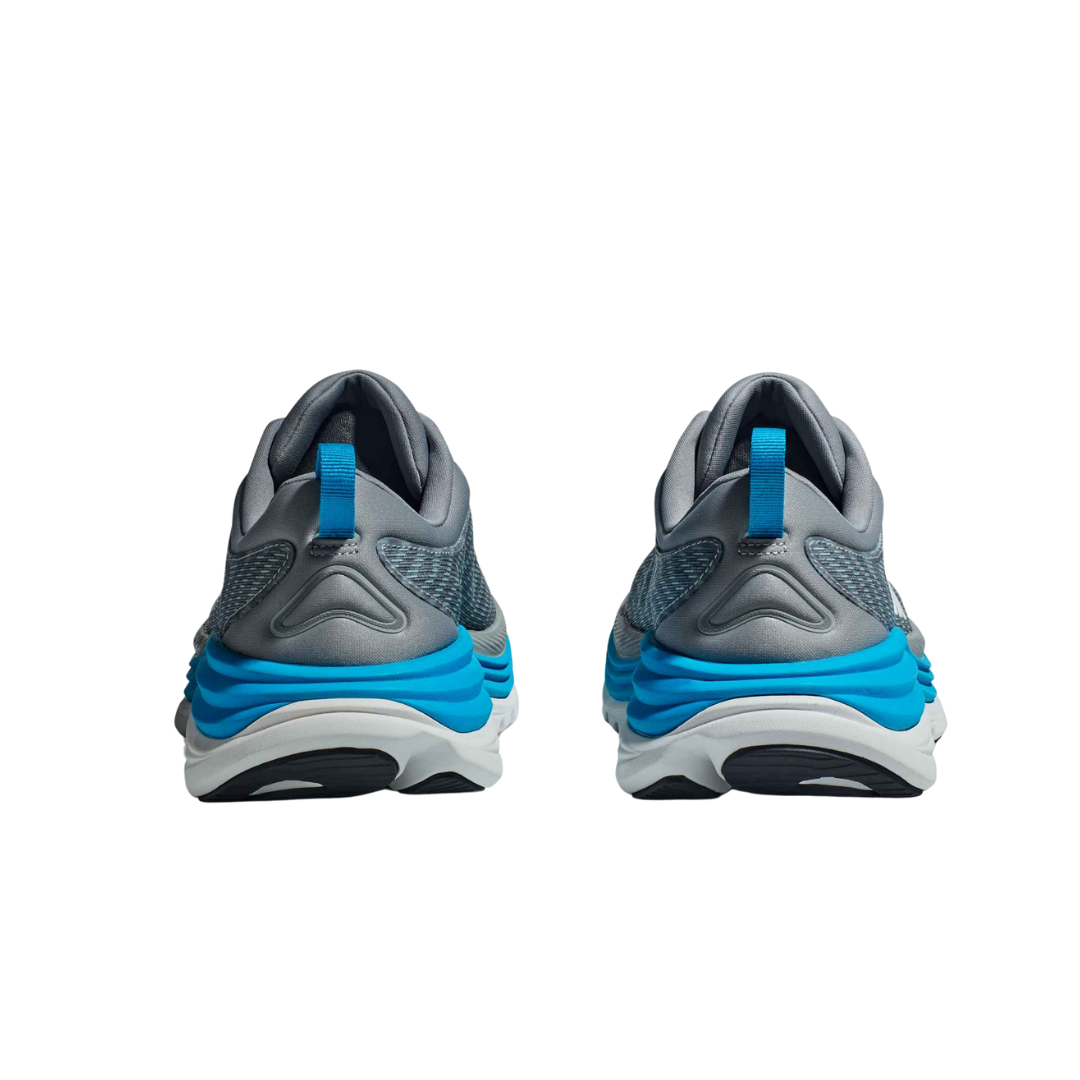 Back view of Men’s Gaviota 5 running shoe in limestone and diva blue – featuring molded heel counter for rearfoot stability, pull tab for easy on and off, and subtle branding details.