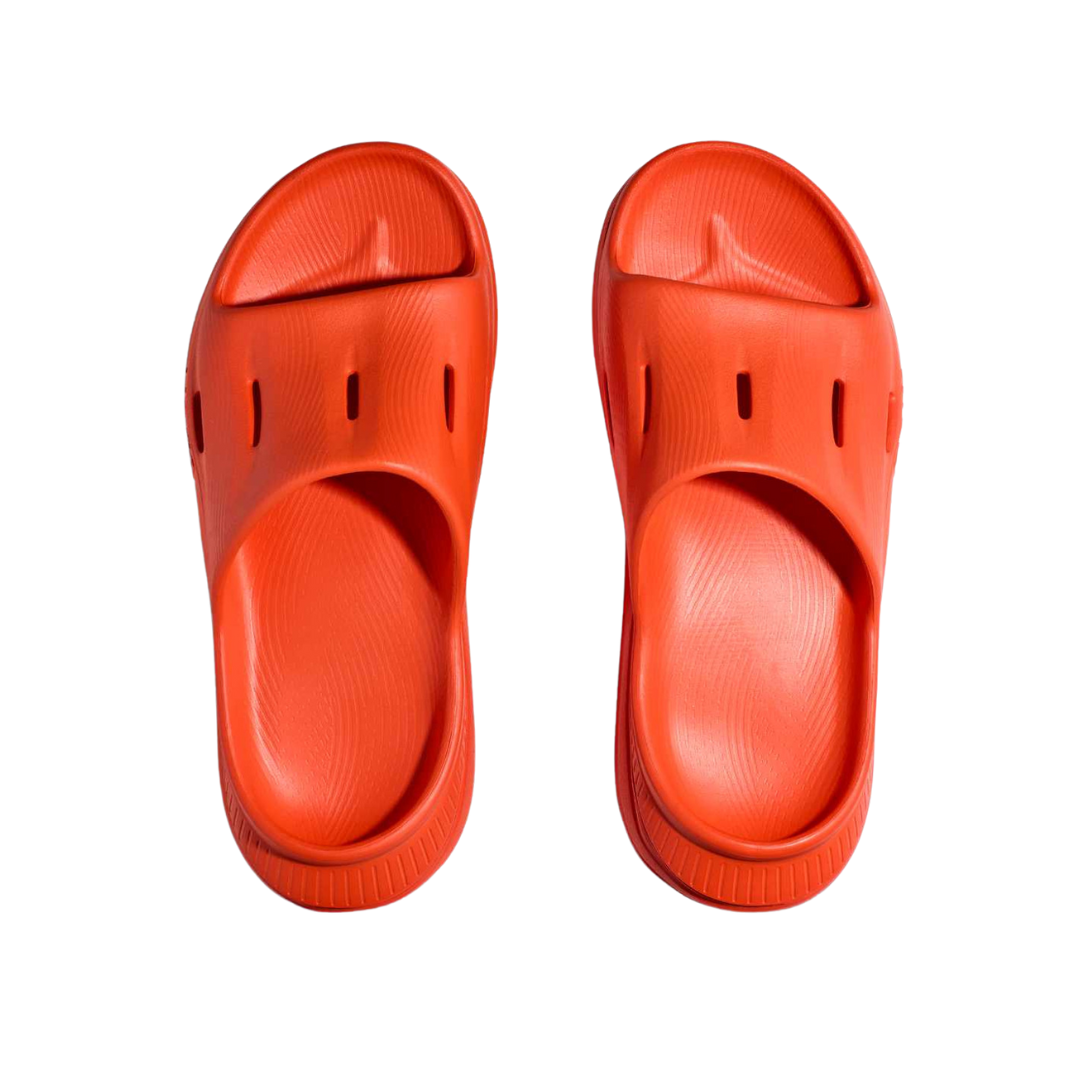 Top view of Unisex Ora Recovery Slide 3 in orange – featuring wide strap for secure fit, breathable open design for ventilation, and moisture-wicking materials to keep feet dry and healthy.