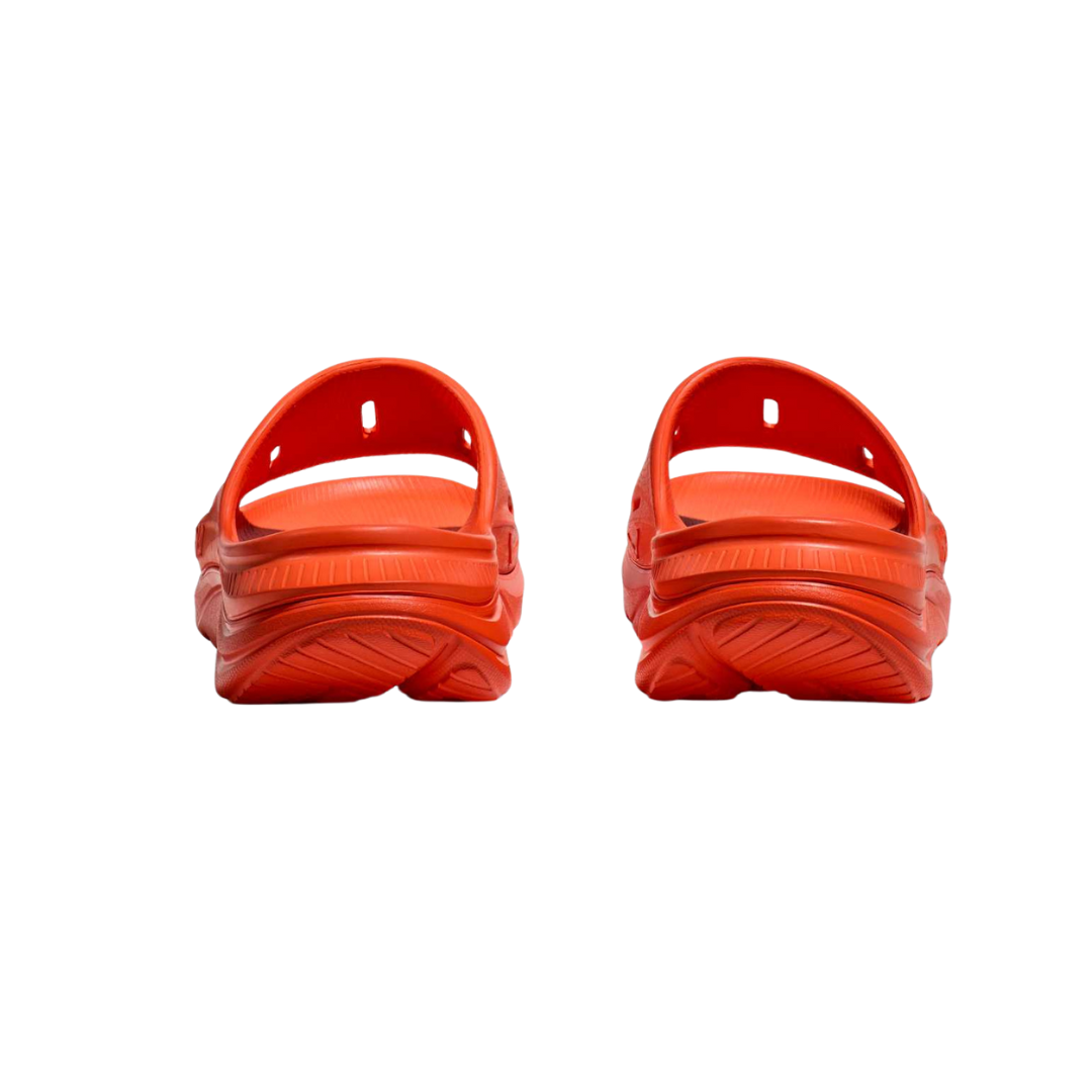 Back view of Unisex Ora Recovery Slide 3 in orange – featuring slightly raised heel for natural foot alignment, flexible sole for ease of movement, and durable outsole for traction.
