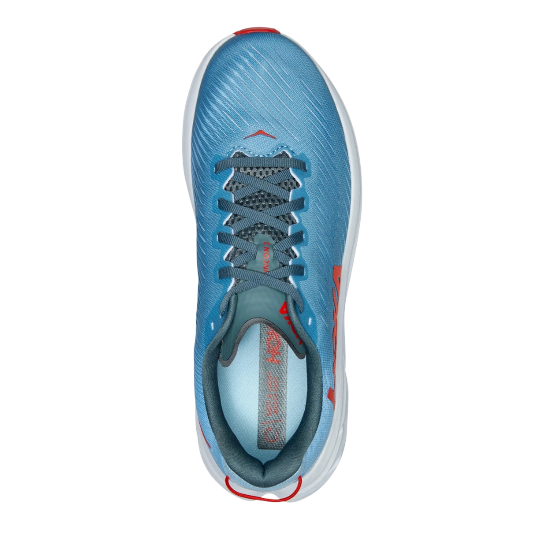 Top view of Men’s Rincon 3 running shoe in mountain spring and summer song – featuring padded tongue and collar for comfort, moisture-wicking lining to keep feet dry, and traditional lace-up closure for secure fit.