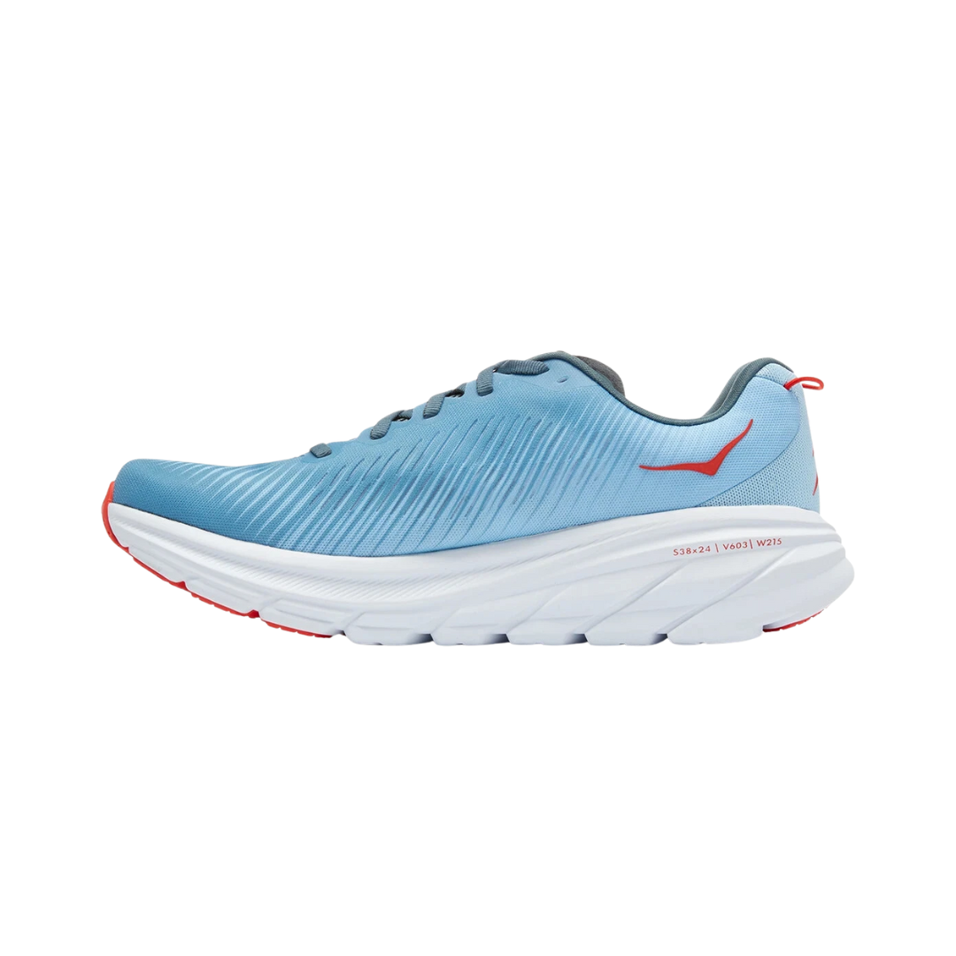 Side view of Men’s Rincon 3 running shoe in mountain spring and summer song – featuring engineered mesh upper for breathability, responsive midsole cushioning for energy return, and sleek low-profile silhouette for speed and agility.