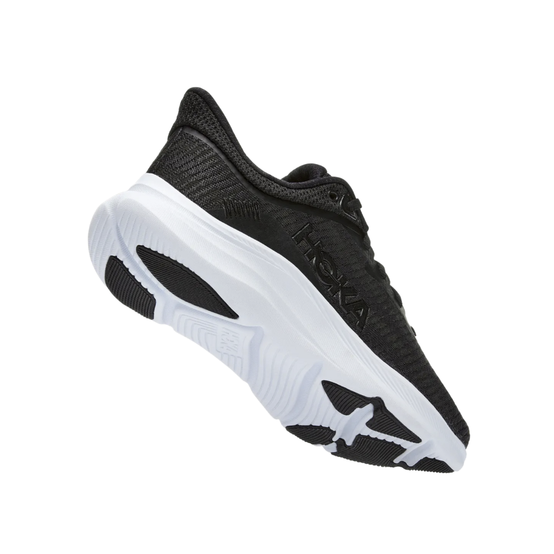 Angled View of Women’s HOKA Solimar Running Shoe in Black/White – Features include balanced EVA cushioning for lightweight support, sleek upper design with breathable mesh, and early stage Meta-Rocker for smooth heel-to-toe transitions.