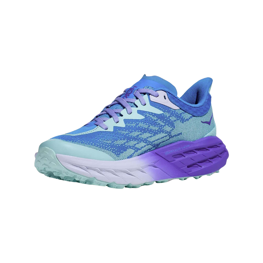 Side view of Women’s Speedgoat 5 trail running shoe in cloudless and cosmos – featuring breathable engineered mesh upper with reinforced overlays for durability, cushioned midsole with responsive cushioning to reduce joint impact, and rugged toe bumper for trail protection.