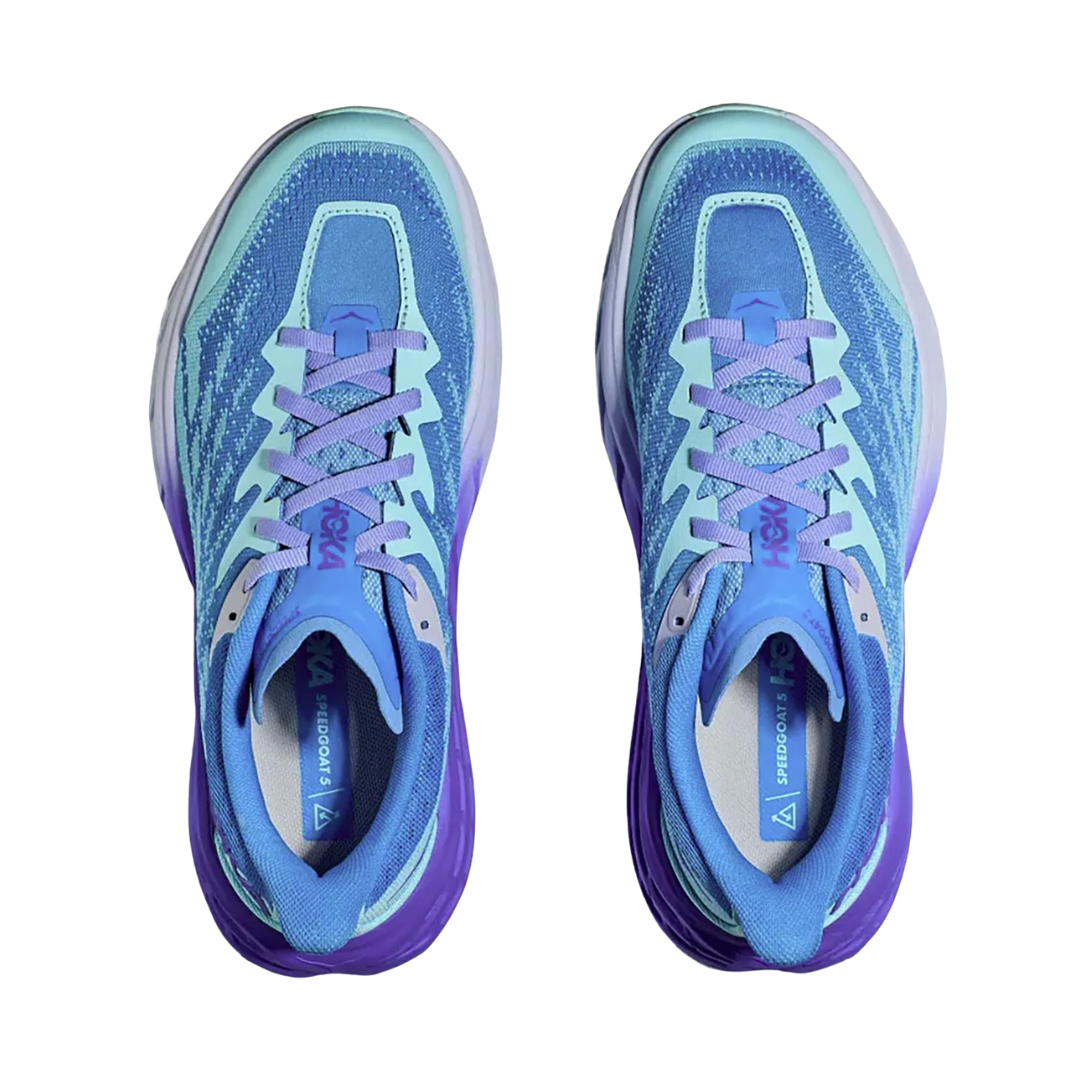 Top view of Women’s Speedgoat 5 trail running shoe in cloudless and cosmos – featuring padded tongue and collar for ankle support, moisture-wicking lining to keep feet dry and healthy, and secure lace-up closure for locked-in fit.