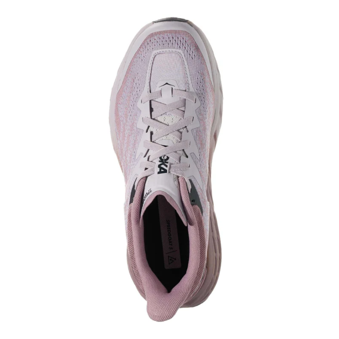 Top view of Women’s Speedgoat 5 trail running shoe in elderberry and lilac marble – featuring padded tongue and collar for ankle support, moisture-wicking lining to keep feet dry and healthy, and secure lace-up closure for locked-in fit.